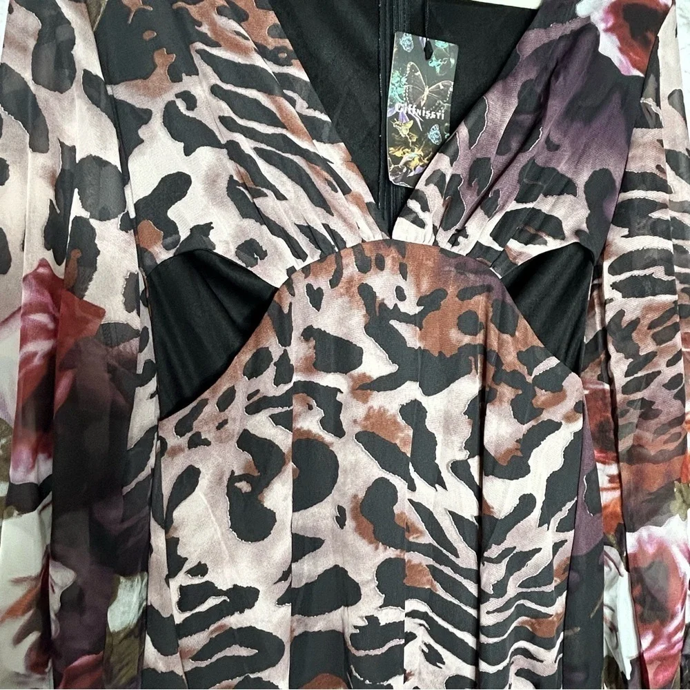 Giffniseti Leopard Floral Print Long Sleeve Ruffle Hem Maxi Dress NWT - Picture 9 of 16
